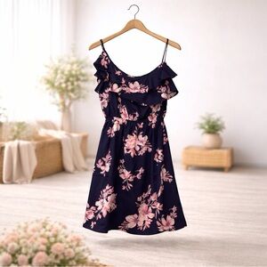 Collective Concepts Navy Pink Floral One Shoulder Ruffle Dress NWT Size M